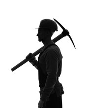 Silhouette Of Miner Man On White Background