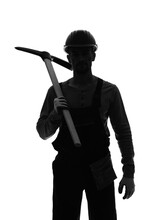 Silhouette Of Miner Man On White Background