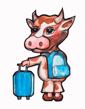 Traveler Cow, The Symbol Of The Chinese Zodiac Year In Cute Cartoon Style