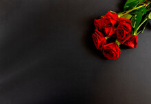 Red Roses On A Black Background, Postcard, Banner, Flat Lai On The Funeral