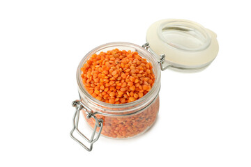 Glass jar with red legumes isolated on white background