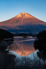 冬の夕暮れの富士山と田貫湖の風景　1月