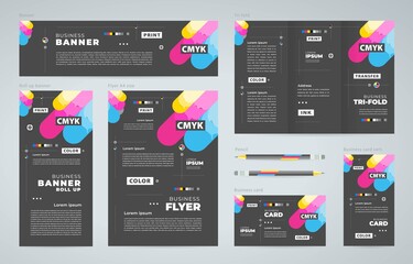 Wall Mural - Сmyk polygraphy print theme Set flyer cover, tri-fold, banner, roll up banner, business card green color