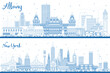 Outline Albany and New York City Skylines Set with Blue Buildings.
