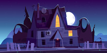 Old Scary House With Glow Windows At Night. Vector Cartoon Landscape With Spooky Wooden Mansion, Broken Fence, Dark Silhouettes Of Trees And Moon In Sky. Halloween Creepy Illustration Of Witch House