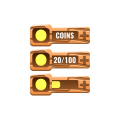 Wall Mural - set of wooden game ui currencies coins bar with numeric and progress bar additional panel for gui asset elements vector illustration