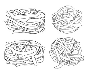 Fettuccine pasta noodles vector illustration-hand drawn-outline black isolated set of elements top view and side view nest noodles on white background.