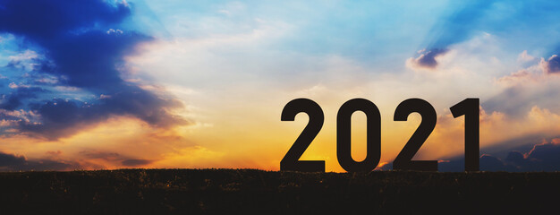 Wall Mural - New year 2021 with sunset sky background