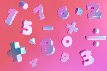 Gradient color number and basic math operation symbols on pink background. 3d render illustration. Mathematic education background concept.