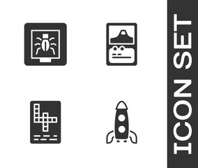 Sticker - Set Rocket ship, Insects in a frame, Crossword and Card game icon. Vector.