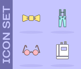 Canvas Print - Set Book, Bow tie, Eyeglasses and Pants with suspenders icon. Vector.