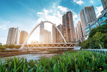 Modern tall buildings and bridge, Guiyang city landscape, China.