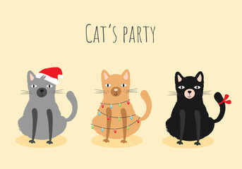 Cat's party illustration. Cute christmas cat character