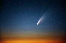 Wonderful View Of Starry Sky And C/2020 F3 (NEOWISE) Comet With Light Tail.