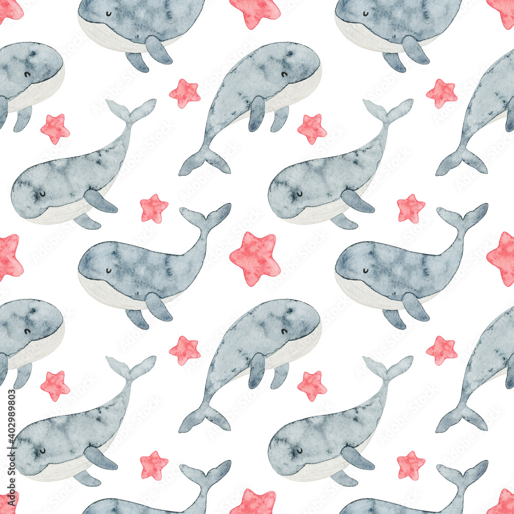 Seamless pattern with cute watercolor blue whales and red star sea ...