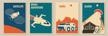 Space Mission Posters, Banners, Flyers. Vector Illustration Concept For Shirt, Print, Stamp. Vintage Typography Design With Space Rocket, Mars Rover And Ufo Flying Spaceship Silhouette.