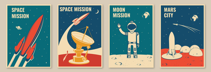 mars city and space mission posters, banners, flyers. vector concept for shirt, print, stamp. vintag