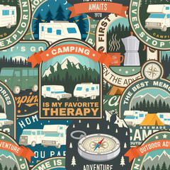 Wall Mural - summer camp colorful seamless pattern with rv trailer, camping tent, campfire, bear,camping tent and