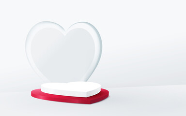 Poster - 3D white and red heart shape podium display. Valentines banner for Wedding greeting card. Space for your design. Vector Illustration