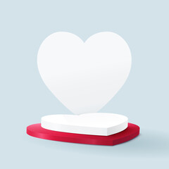 Poster - 3D white and red heart shape podium display. Valentines banner for Wedding greeting card. Vector Illustration