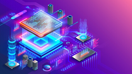 Blockchain cryptocurrency technology isometric concept. Graphic cpu miner mines electronic crypto currency. Banking Blockchain Fintech. CPU processor chip on circuit board generating digital money.