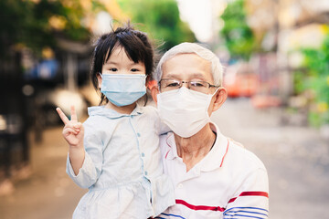 Family wear masks to prevent spread of new virus. Grandpa carried his granddaughter with love and affection. Cute girl with two fingers showing signs of fighting. Protect yourself from virus and pm2.5