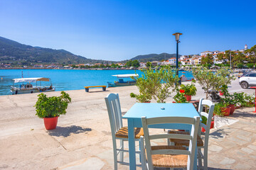 view of town and port at the island skopelos, northern sporades, greece