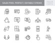 Click and collect service line icons. Vector illustration with icon - online shopping, qr code, basket, delivery, package, store outline pictogram for e-commerce. 64x64 Pixel Perfect Editable Stroke