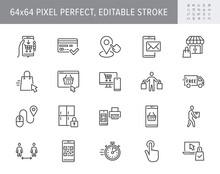 Click And Collect Service Line Icons. Vector Illustration With Icon - Online Shopping, Qr Code, Basket, Delivery, Package, Store Outline Pictogram For E-commerce. 64x64 Pixel Perfect Editable Stroke