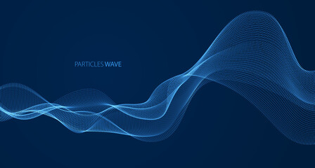 Wall Mural - Dynamic particles sound wave flowing over dark. Dotted curves vector abstract background. Beautiful 3d wave shaped array of shining blended points.