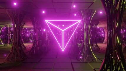 Wall Mural - 4k video animation of a seamless loop between beautiful sci-fi pillars room with neon triangle and b