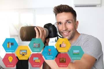 Canvas Print - Young man with camera in studio. Mentoring for photographers