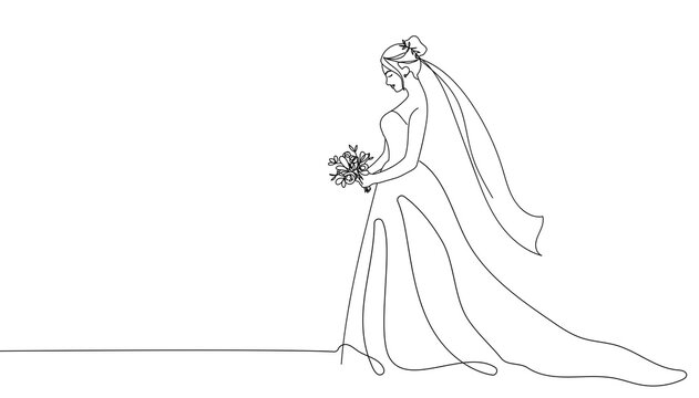 Wall Mural - Bride holding a bouquet continuous line drawing.One line bride silhouette side view wearing a wedding dress.Continuous line hand drawn vector illustration for wedding,bridal shower invitation