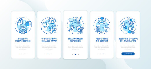 Media literacy elements onboarding mobile app page screen with concepts. Understanding context, responsibility walkthrough 5 steps graphic instructions. UI vector template with RGB color illustrations