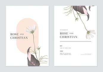 floral wedding invitation card template design, white cosmos flowers with leaves