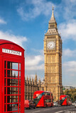 Fototapeta Big Ben - London symbols with BIG BEN, DOUBLE DECKER BUSES and Red Phone Booth in England, UK