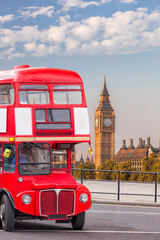 Fototapete - Big Ben with old red double decker bus in London, England, UK