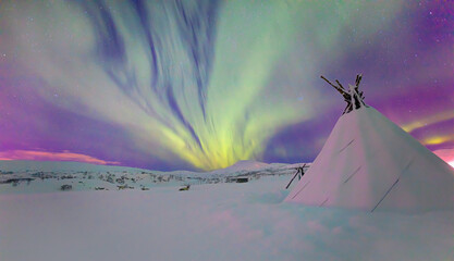Wall Mural - aurora borealis or northern lights in the sky with triangle cloth tent - tromso, norway