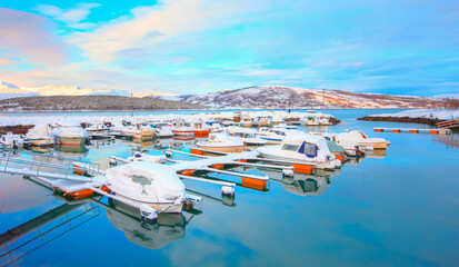 Wall Mural - Beautiful winter landscape of snow covered Little Marina - Tromso, Norway