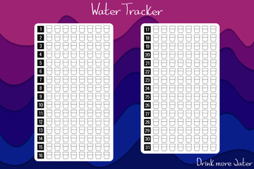 Daily Water tracker. Track the amount of water you drink in a month. Paint over the cups of water. Planner page of good habits. Healthy lifestyle