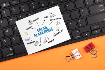 Wall Mural - email marketing concept. computer keyboard on orange table