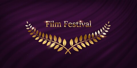 Wall Mural - golden shiny award laurel wreaths and film festival text isolated on violet waving curtain backgroun