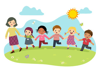 vector illustration cartoon of female teacher and students holding hands together and walking in the