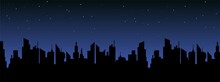City Landscape Night. Contour Silhouettes Of Sleeping Metropolis Skyscrapers With Dark Starry Vector Sky.