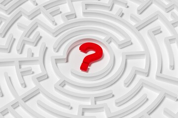 Wall Mural - Maze or labyrinth with question mark in the center over white background, confusion or solution concept