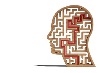Wall Mural - Human head shaped maze or labyrinth with red solution path over white background, thinking process or solution concept
