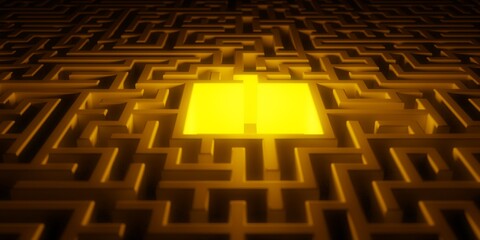 Wall Mural - glowing center in large maze or labyrinth over dark background, success, strategy or solution concep