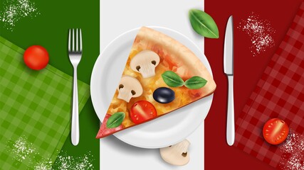 Canvas Print - Italian cuisine banner. Pizza on plate, realistic basil tomatoes cutlery. Italy kitchen tasty food, restaurant cafe vector background. Illustration italian tomato and cheese banner