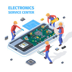 Wall Mural - repair service concept. people making repair at motherboard of smartphones or laptop workers fixed a