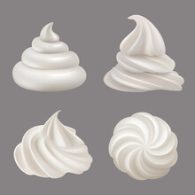 Whipped cream. Delicious liquid food ingredients for cooking cakes cream swirls decent vector realistic illustrations. Illustration cream dessert, twist delicious whipped